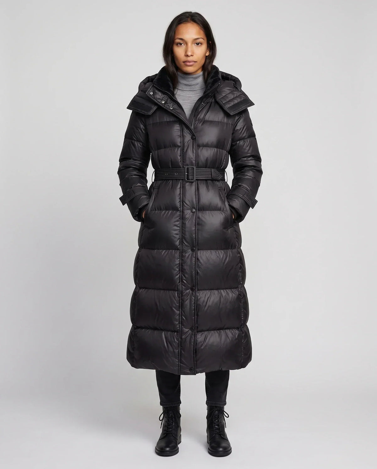 Extra-Long Shiny Hooded Puffer Jacket with Belt