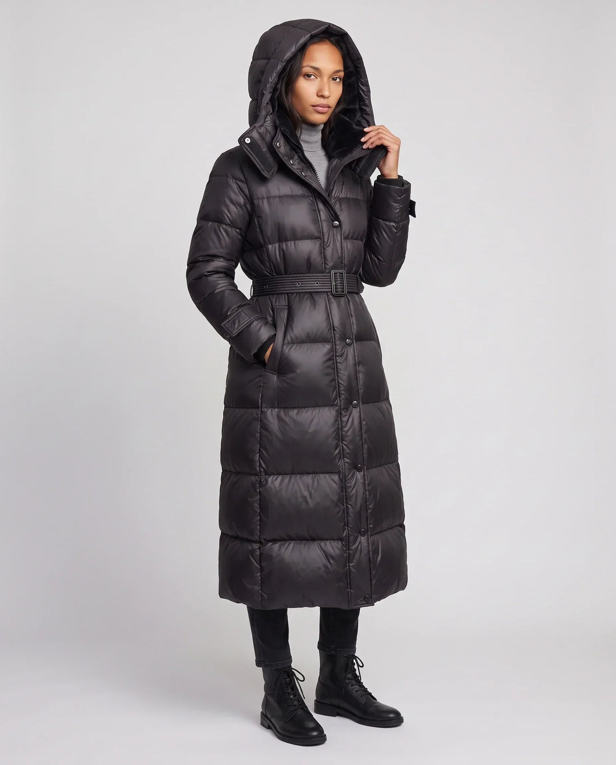 Extra-Long Shiny Hooded Puffer Jacket with Belt