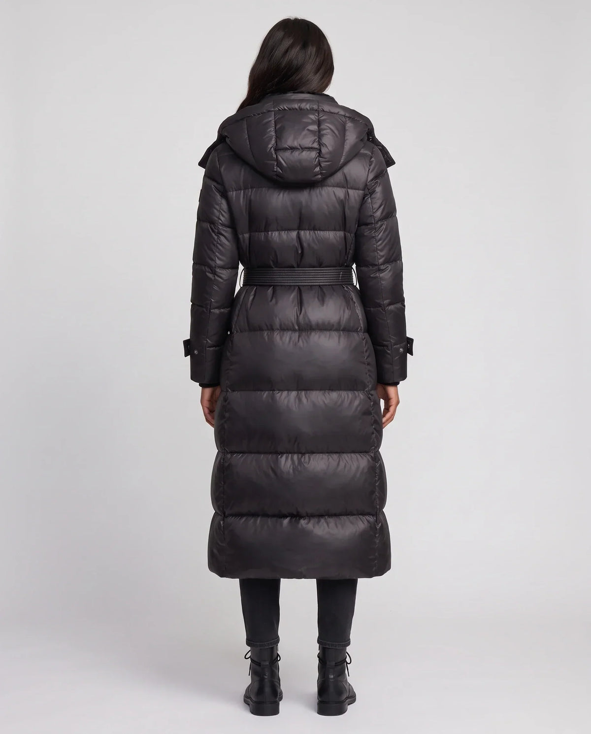 Extra-Long Shiny Hooded Puffer Jacket with Belt
