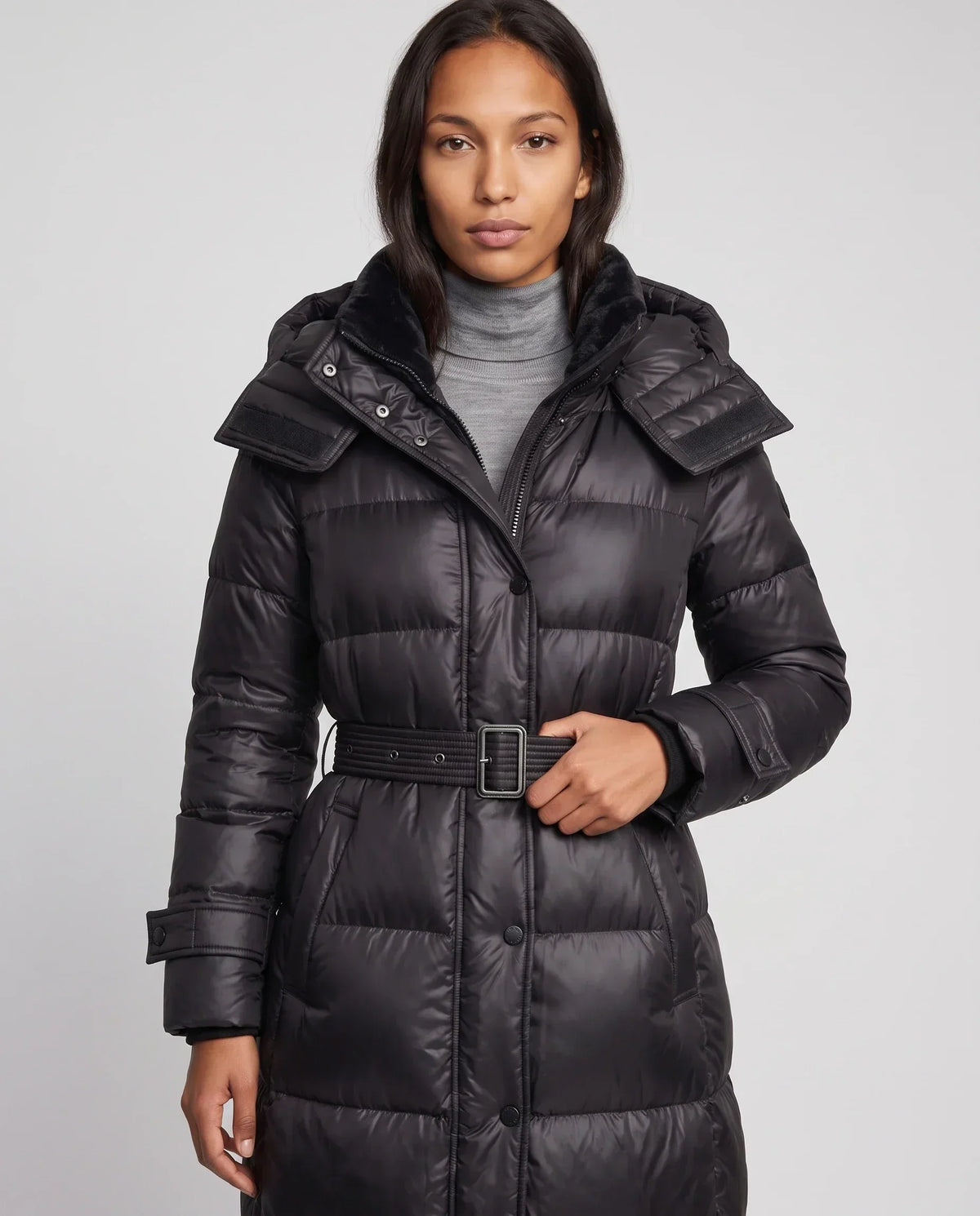Extra-Long Shiny Hooded Puffer Jacket with Belt