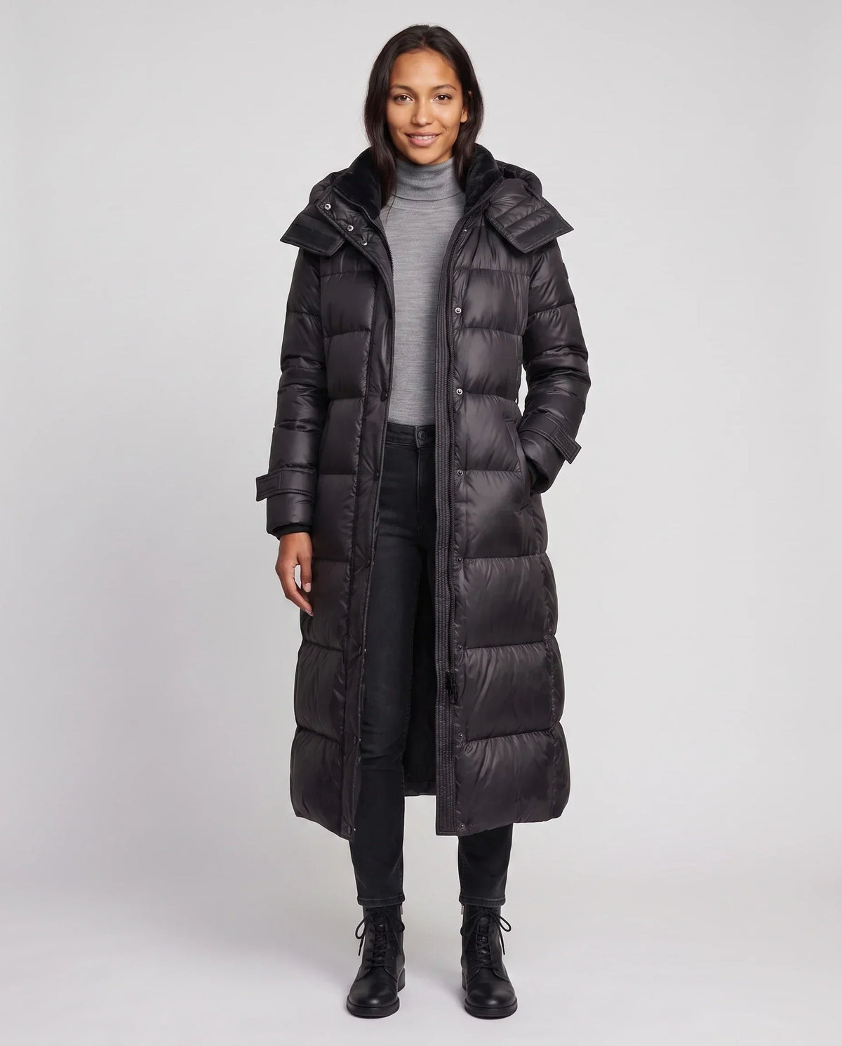 Extra-Long Shiny Hooded Puffer Jacket with Belt