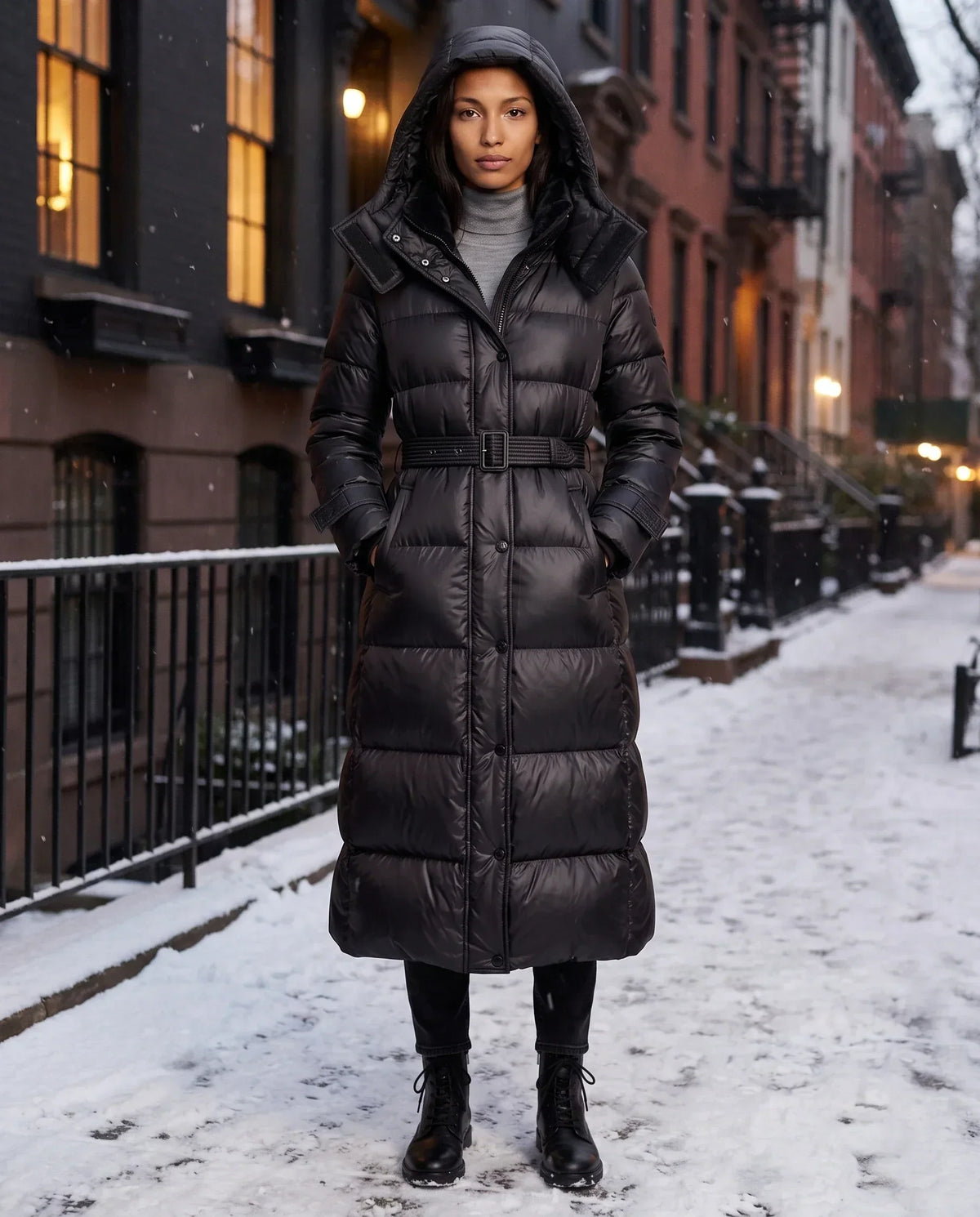 Extra-Long Shiny Hooded Puffer Jacket with Belt