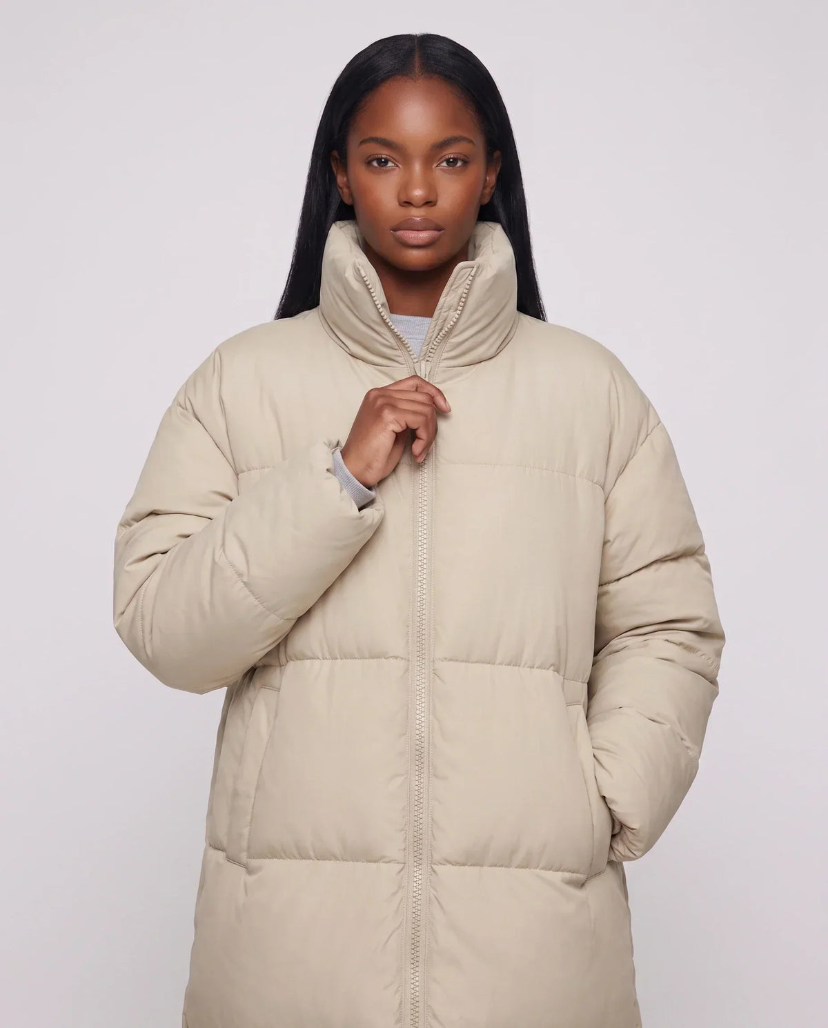 Extra-Long Boxy Puffer Jacket with Funnel Collar and Double Zip