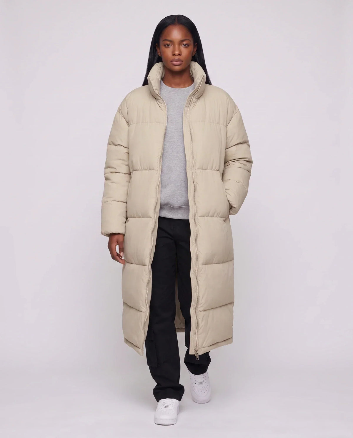 Extra-Long Boxy Puffer Jacket with Funnel Collar and Double Zip