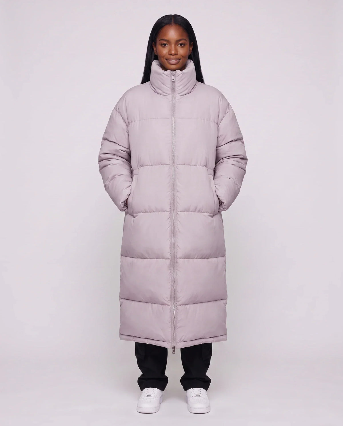 Extra-Long Boxy Puffer Jacket with Funnel Collar and Double Zip