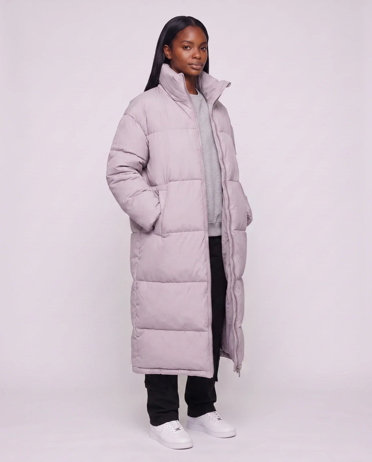 Extra-Long Boxy Puffer Jacket with Funnel Collar and Double Zip