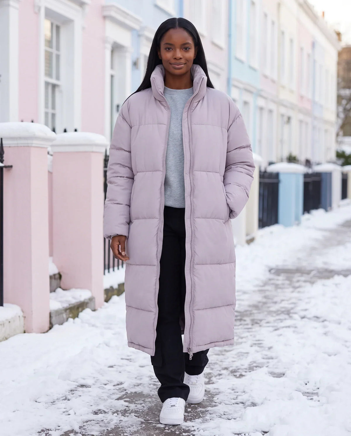 Extra-Long Boxy Puffer Jacket with Funnel Collar and Double Zip