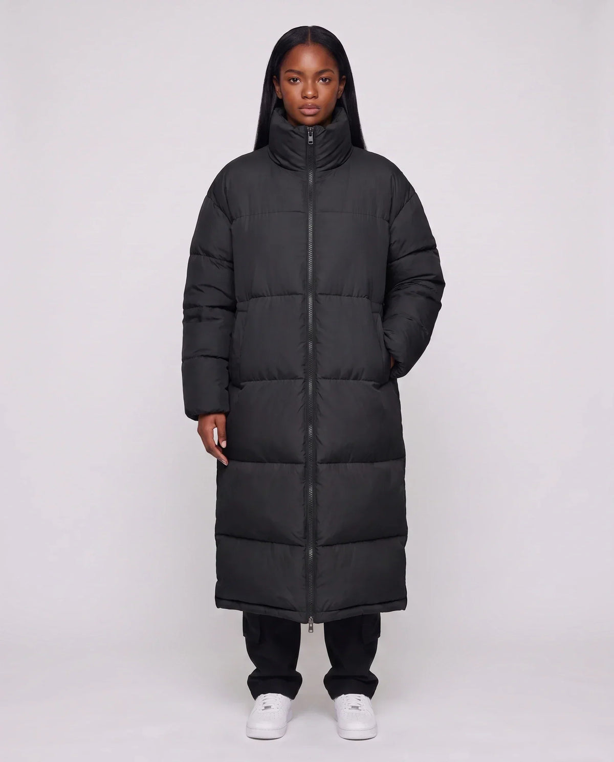 Extra-Long Boxy Puffer Jacket with Funnel Collar and Double Zip
