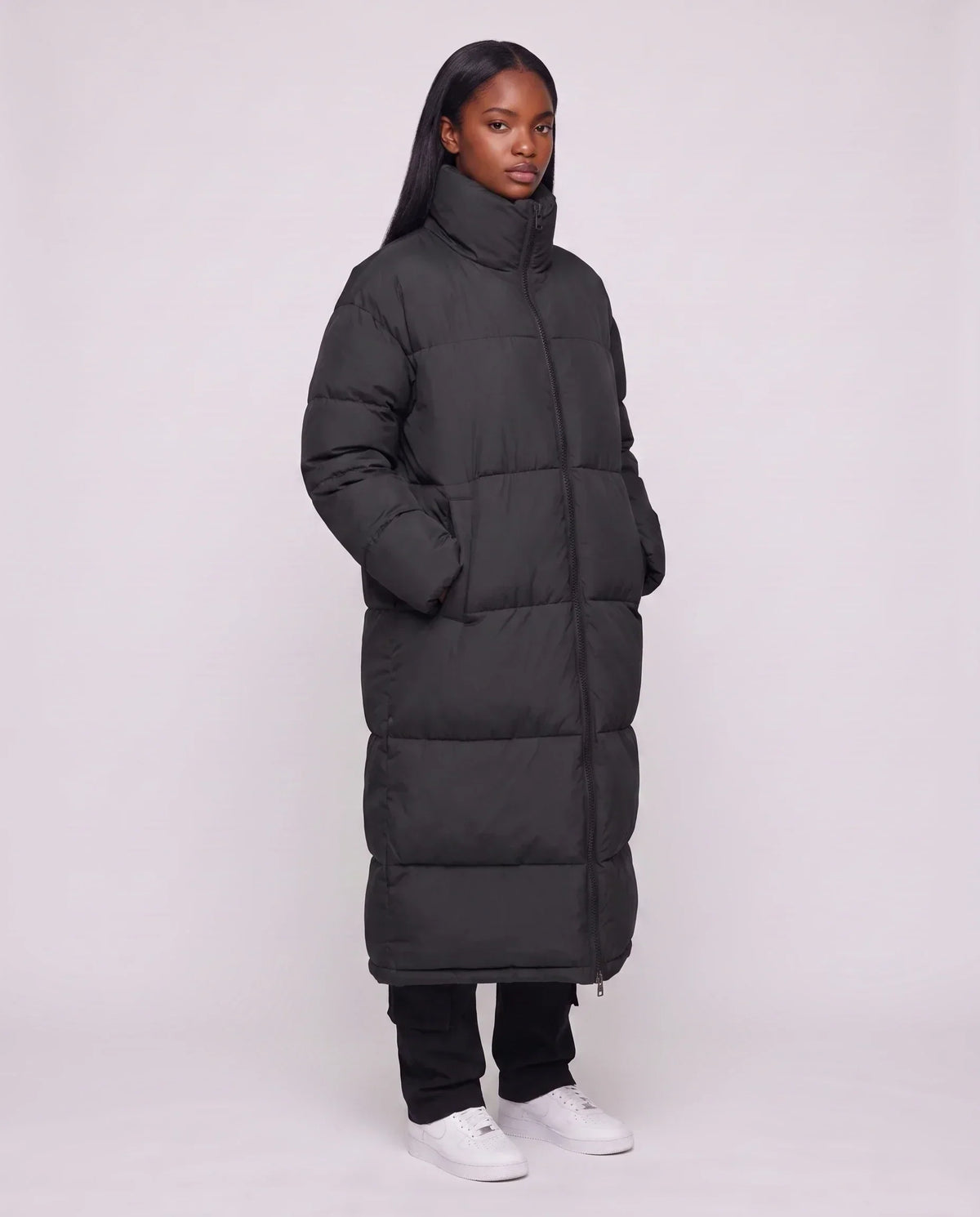 Extra-Long Boxy Puffer Jacket with Funnel Collar and Double Zip
