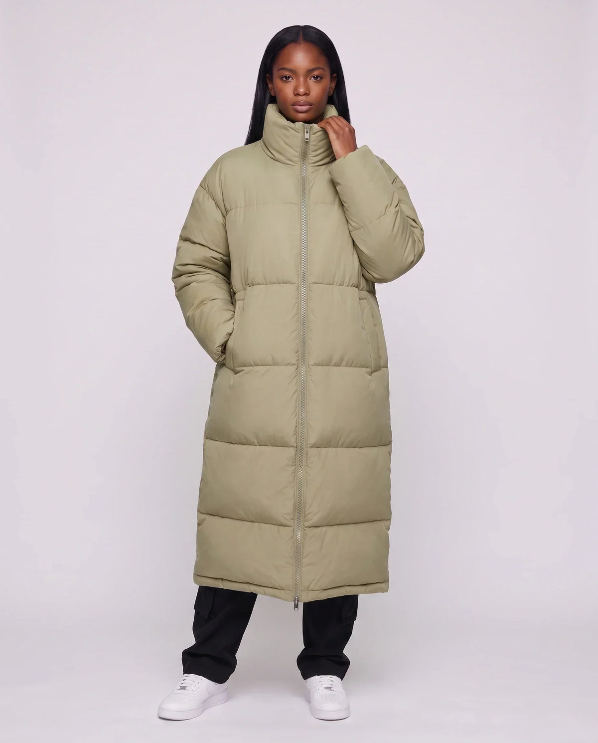Extra-Long Boxy Puffer Jacket with Funnel Collar and Double Zip