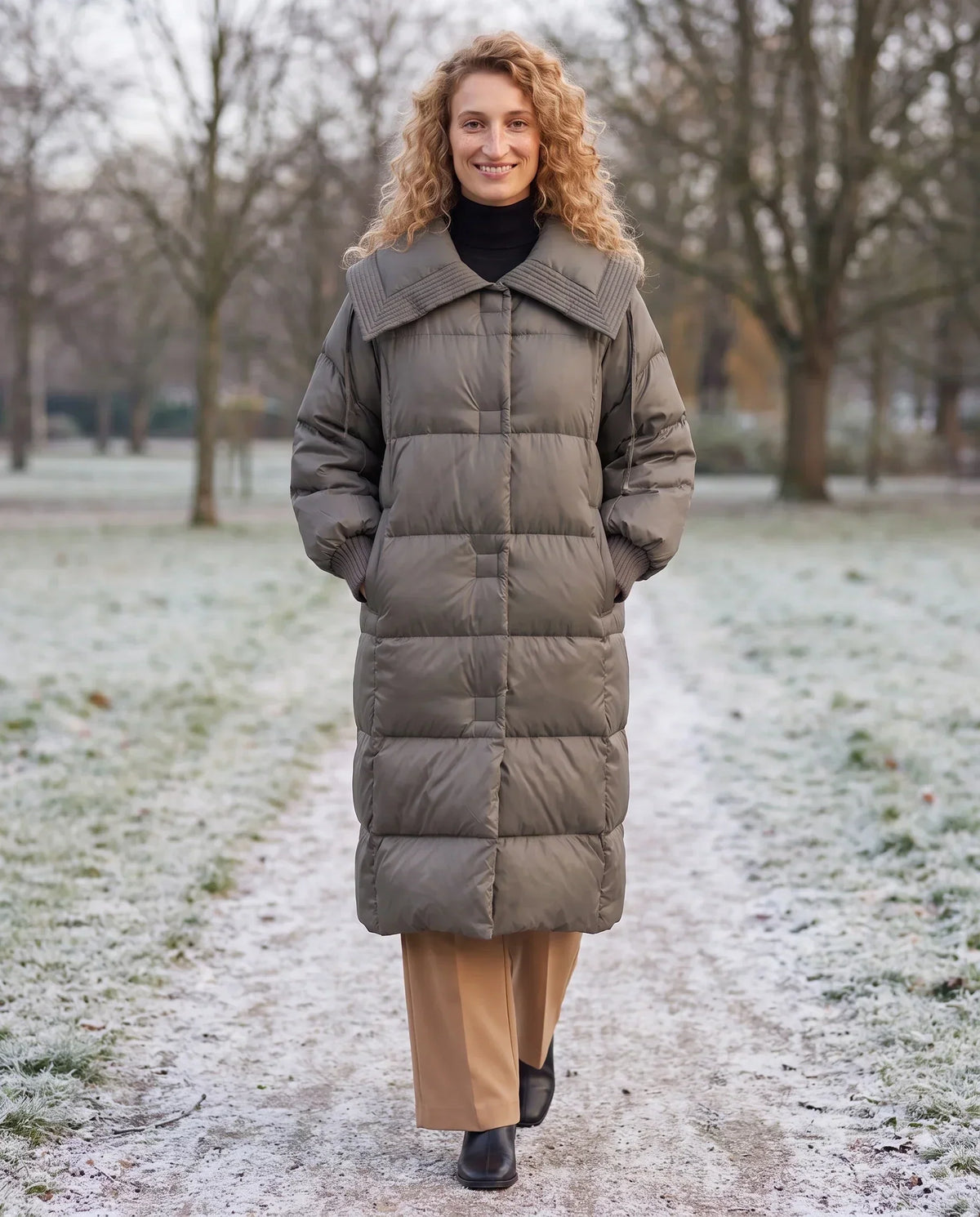 Extra-Long Puffer Jacket with Large Square Collar