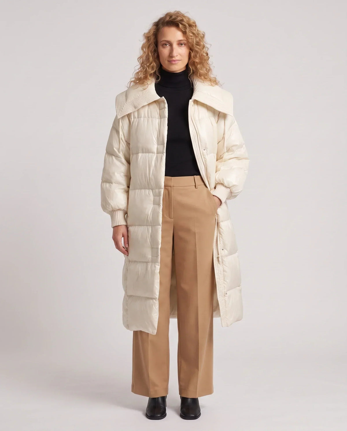 Extra-Long Puffer Jacket with Large Square Collar