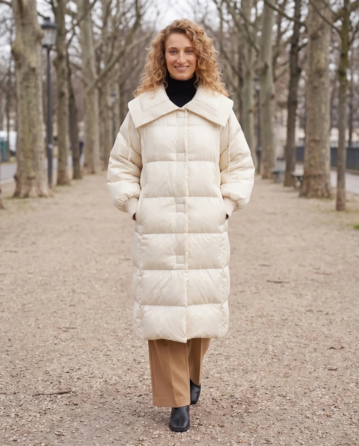 Extra-Long Puffer Jacket with Large Square Collar