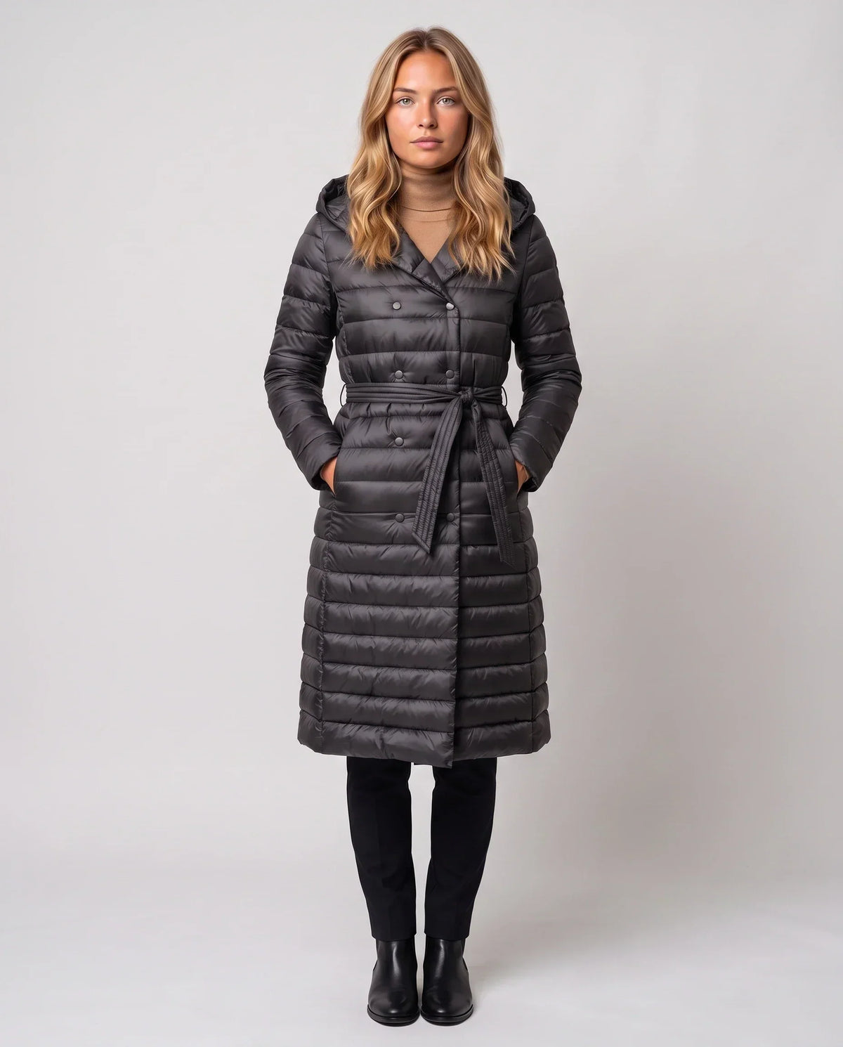 Extra-Long Lightweight Hooded Puffer Jacket with Belt