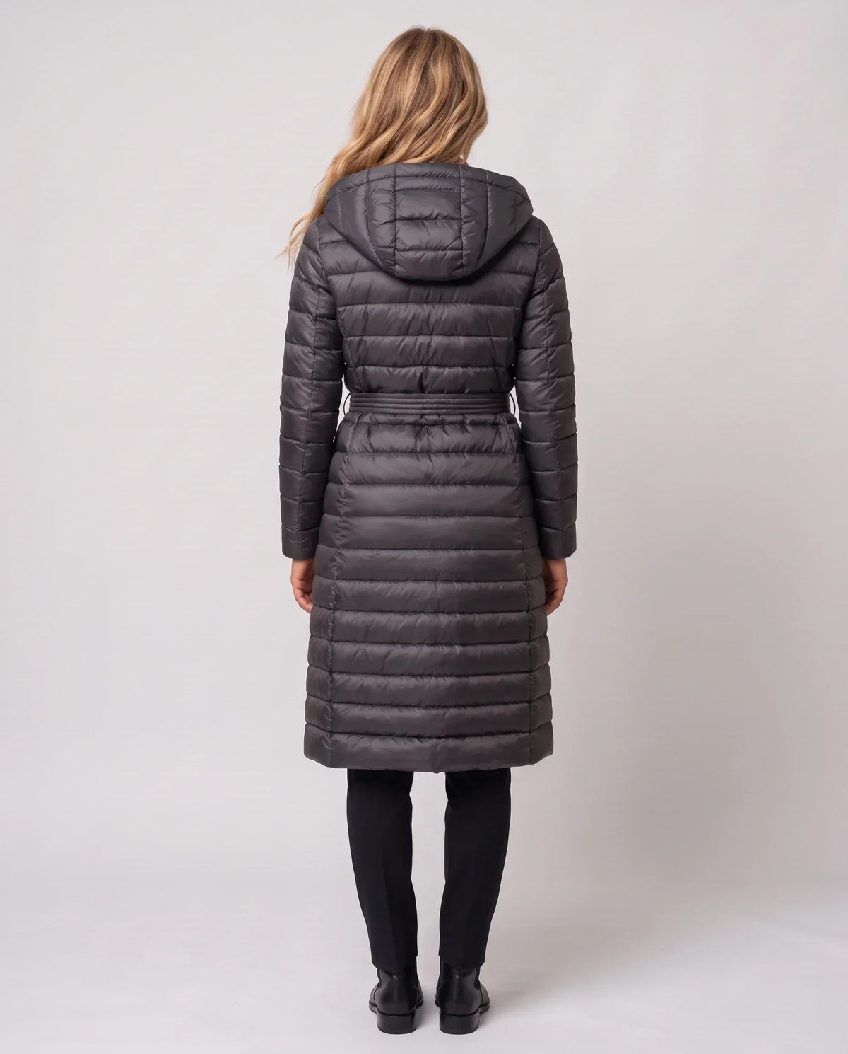 Extra-Long Lightweight Hooded Puffer Jacket with Belt