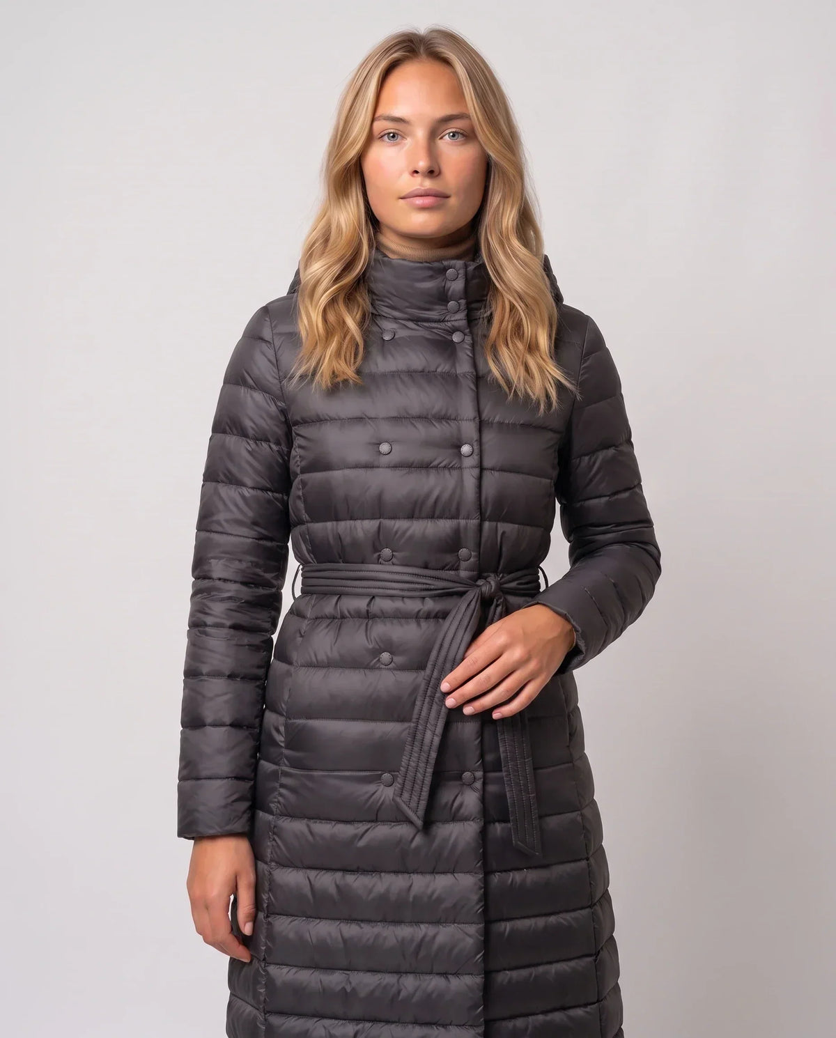 Extra-Long Lightweight Hooded Puffer Jacket with Belt