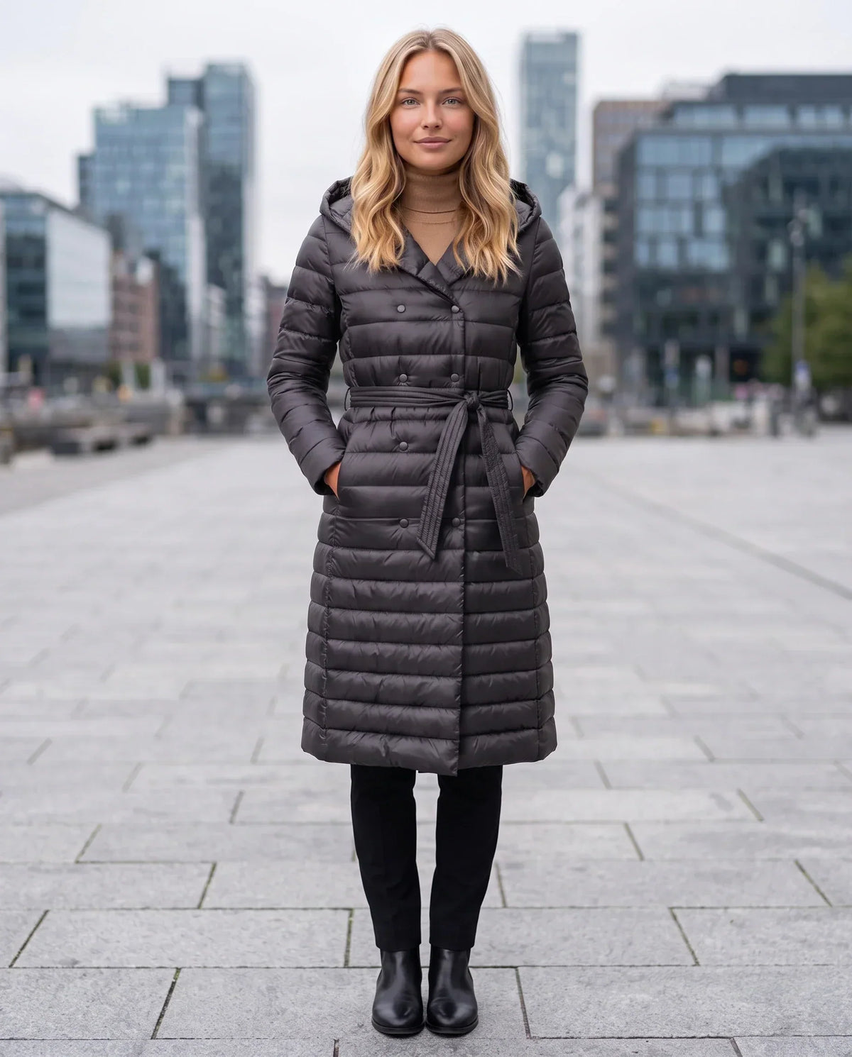 Extra-Long Lightweight Hooded Puffer Jacket with Belt