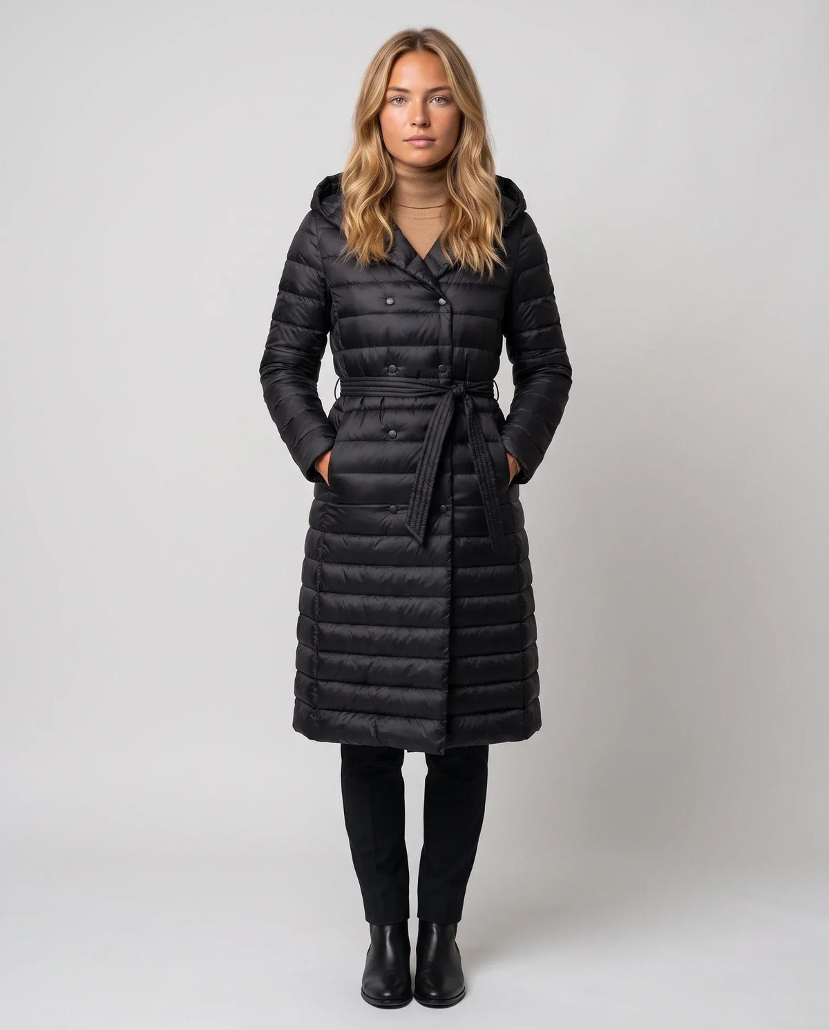 Extra-Long Lightweight Hooded Puffer Jacket with Belt