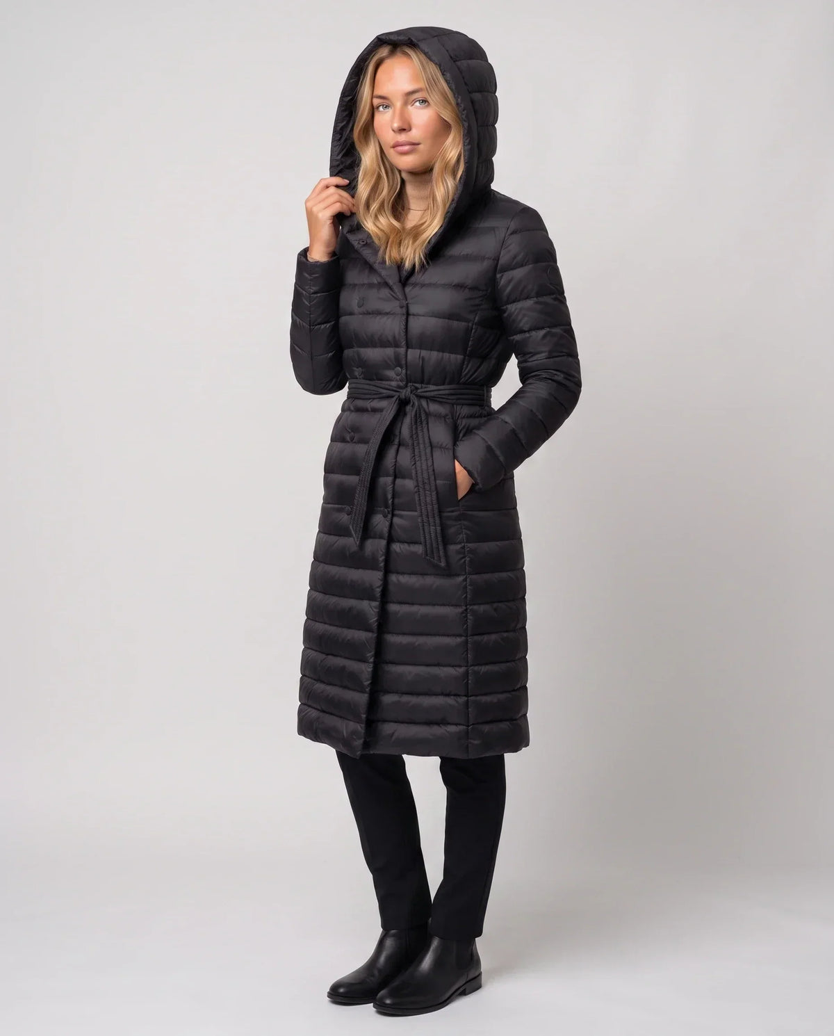 Extra-Long Lightweight Hooded Puffer Jacket with Belt