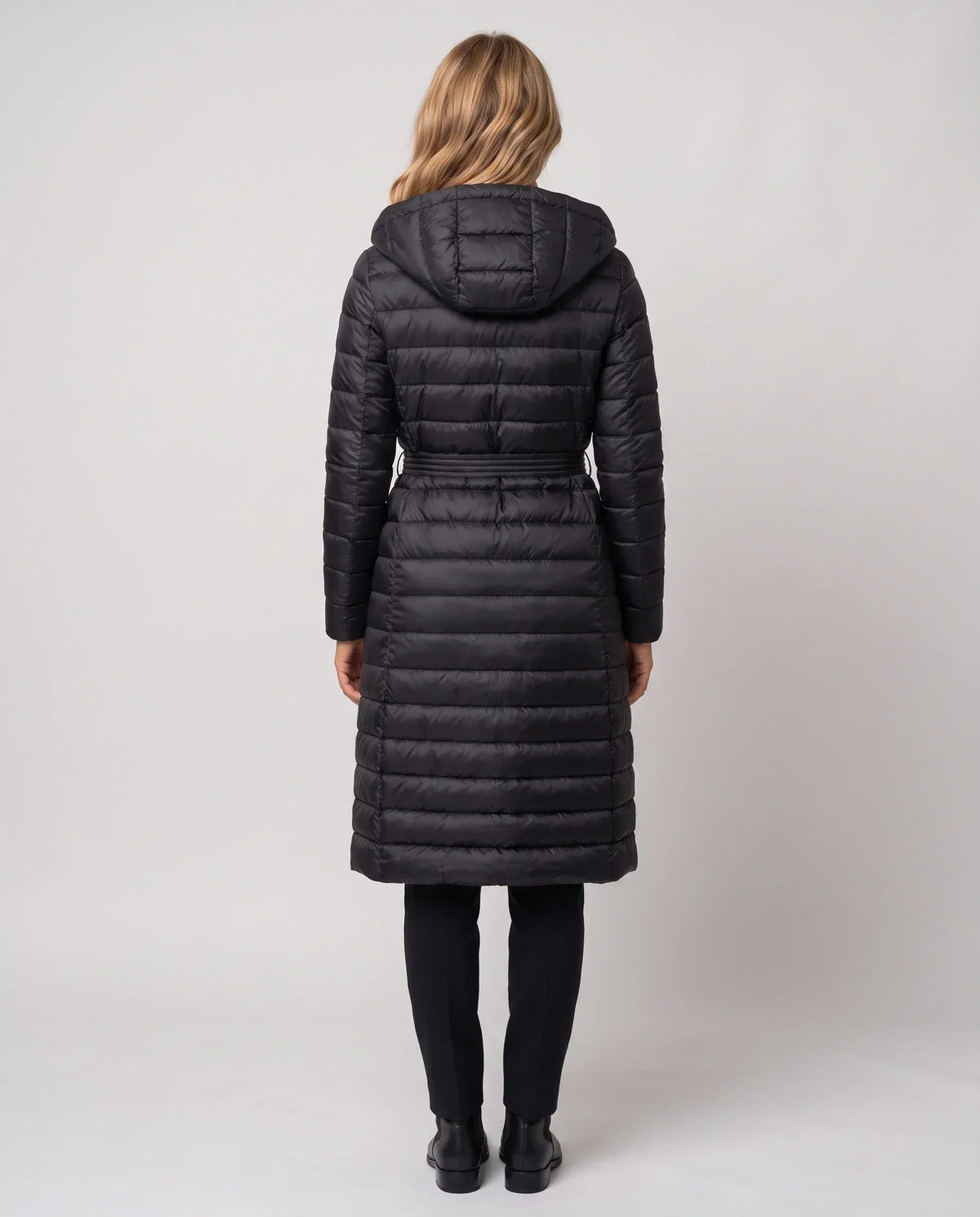 Extra-Long Lightweight Hooded Puffer Jacket with Belt