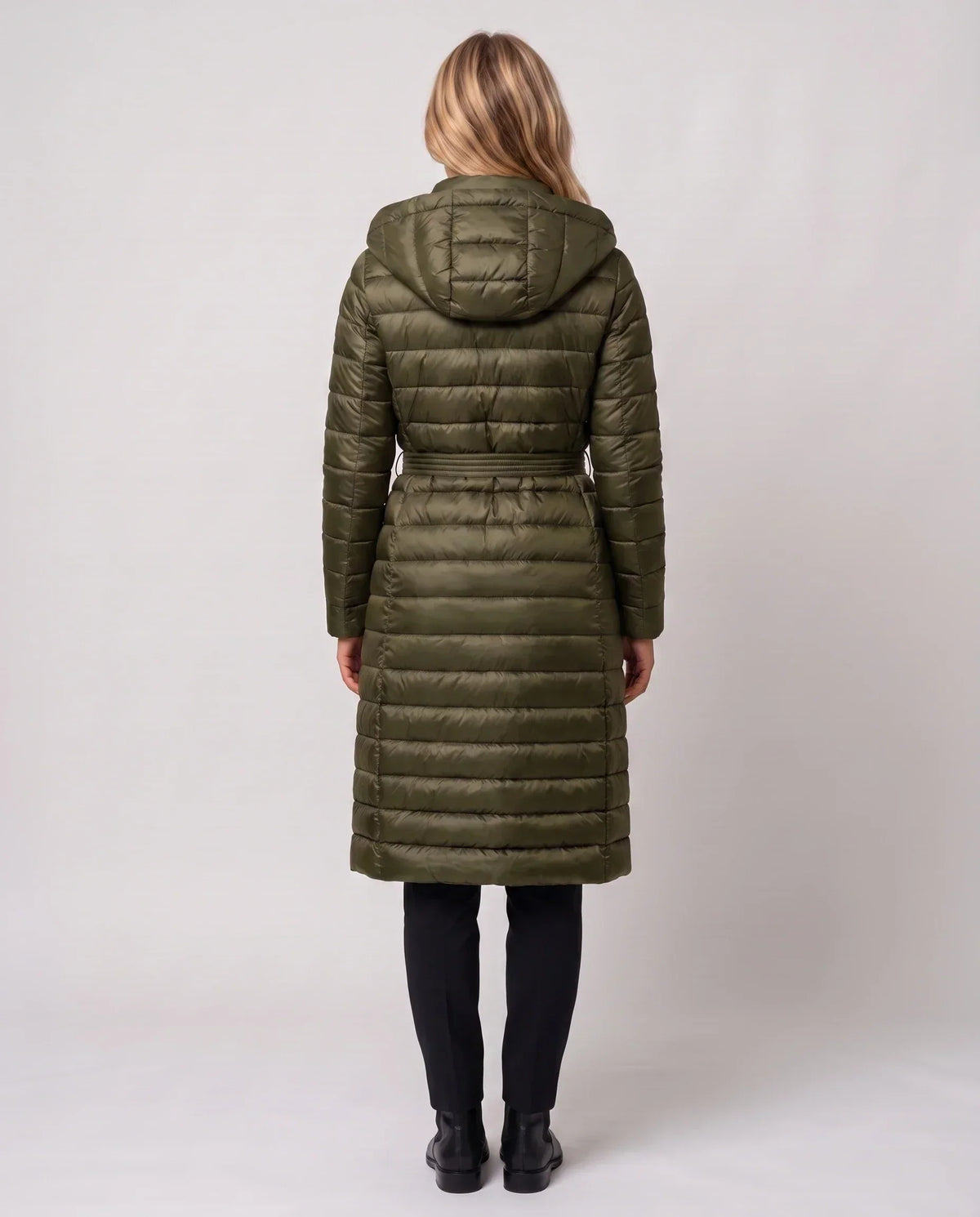 Extra-Long Lightweight Hooded Puffer Jacket with Belt