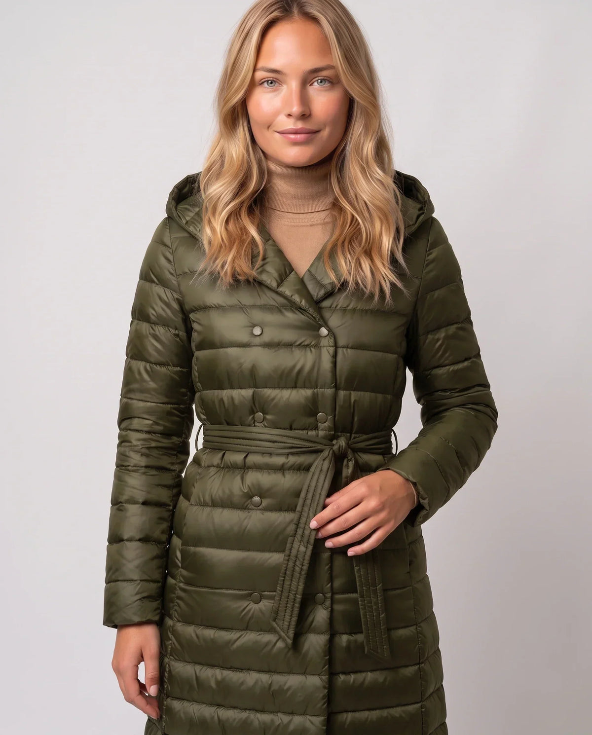 Extra-Long Lightweight Hooded Puffer Jacket with Belt