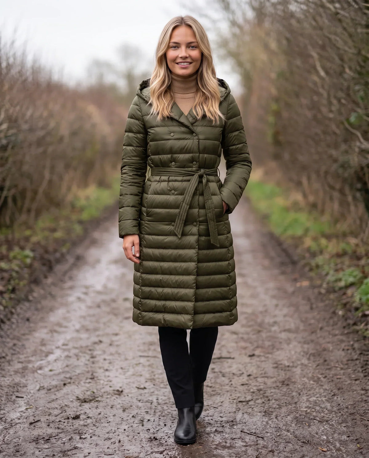 Extra-Long Lightweight Hooded Puffer Jacket with Belt
