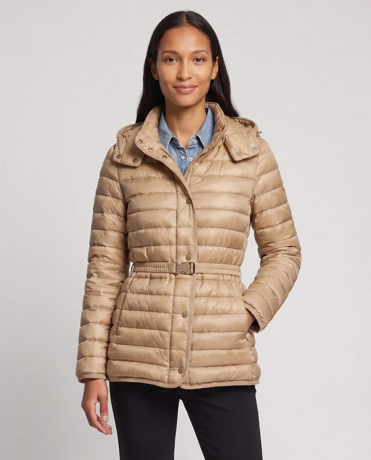 Lightweight Hooded Puffer Jacket with Buckle Belt