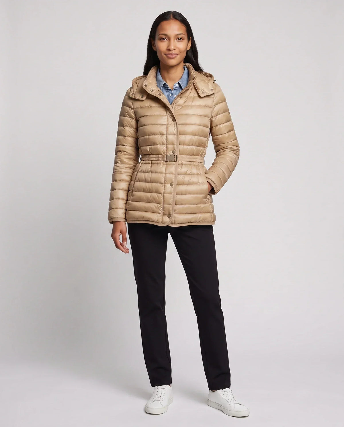 Lightweight Hooded Puffer Jacket with Buckle Belt