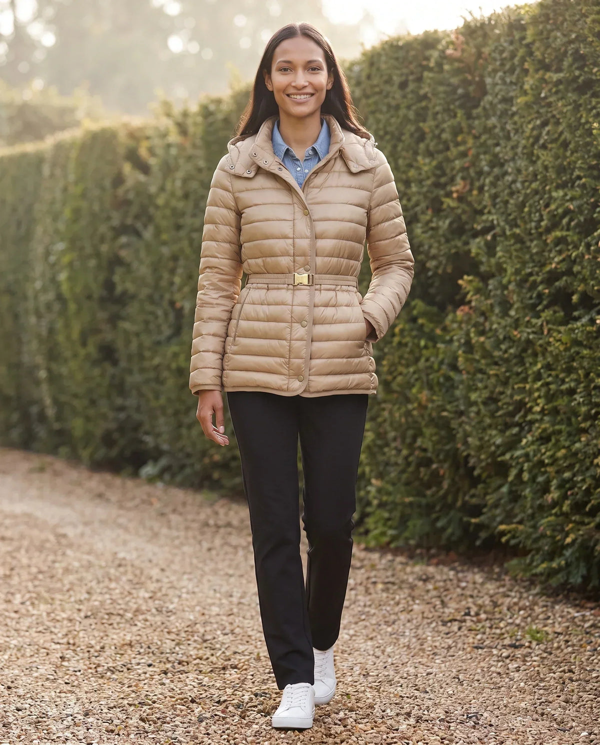 Lightweight Hooded Puffer Jacket with Buckle Belt