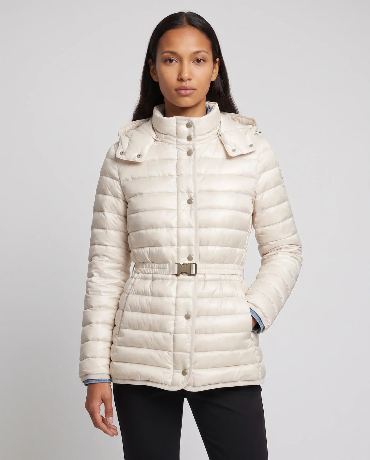 Lightweight Hooded Puffer Jacket with Buckle Belt