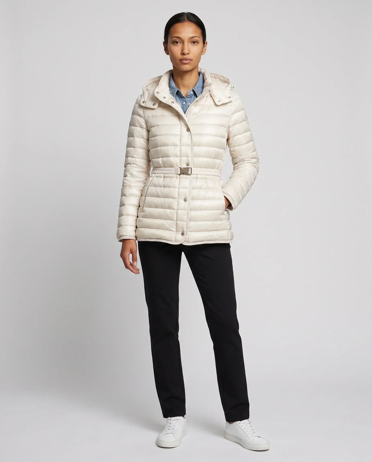 Lightweight Hooded Puffer Jacket with Buckle Belt