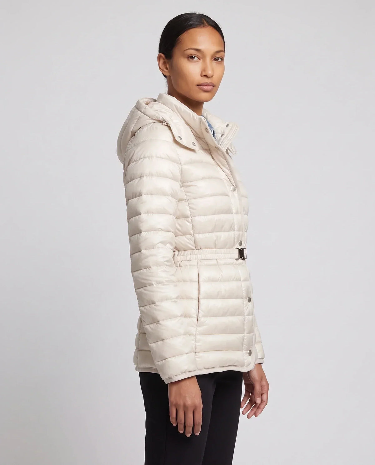 Lightweight Hooded Puffer Jacket with Buckle Belt