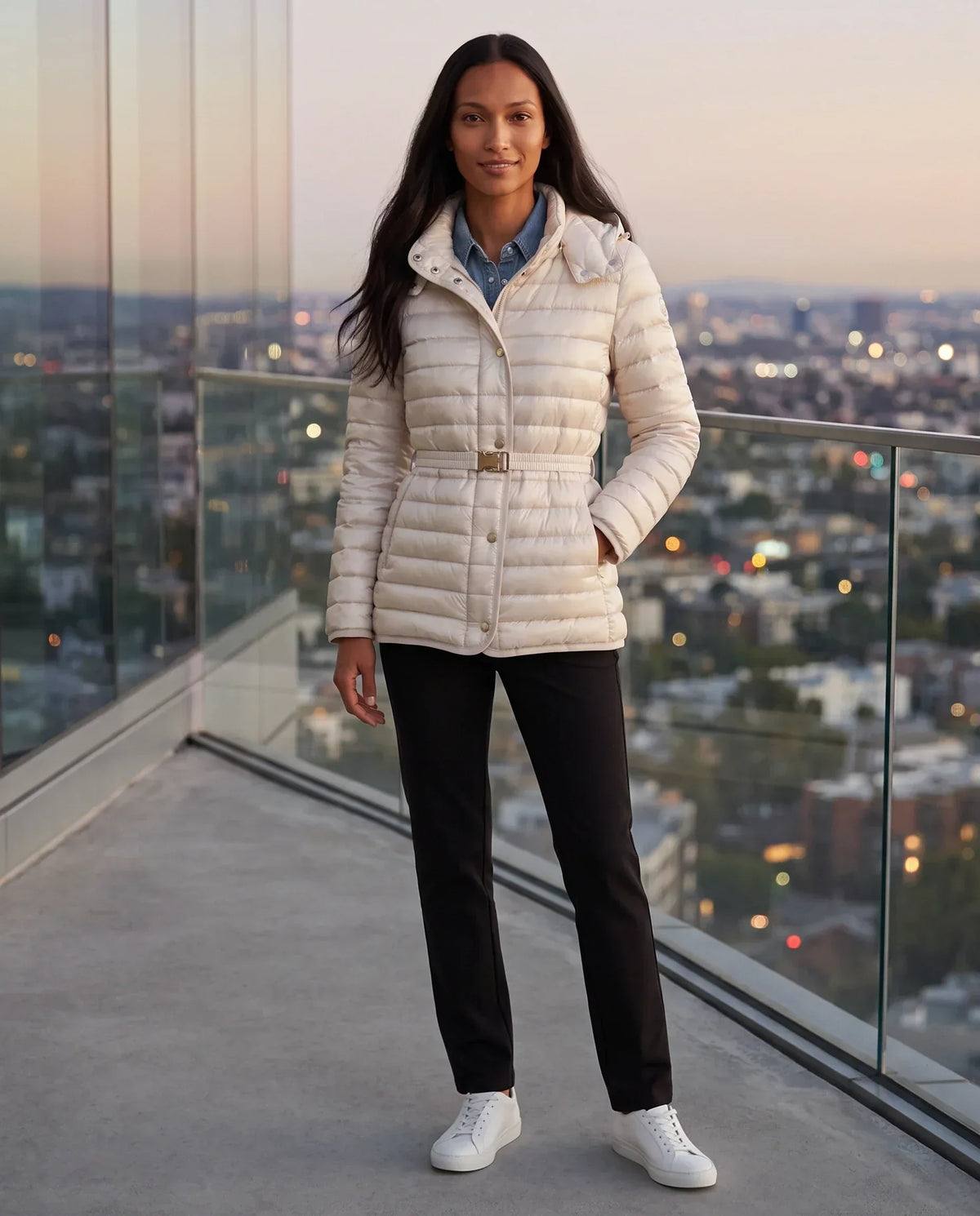 Lightweight Hooded Puffer Jacket with Buckle Belt