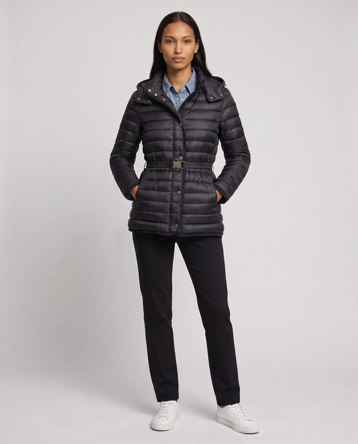 Lightweight Hooded Puffer Jacket with Buckle Belt