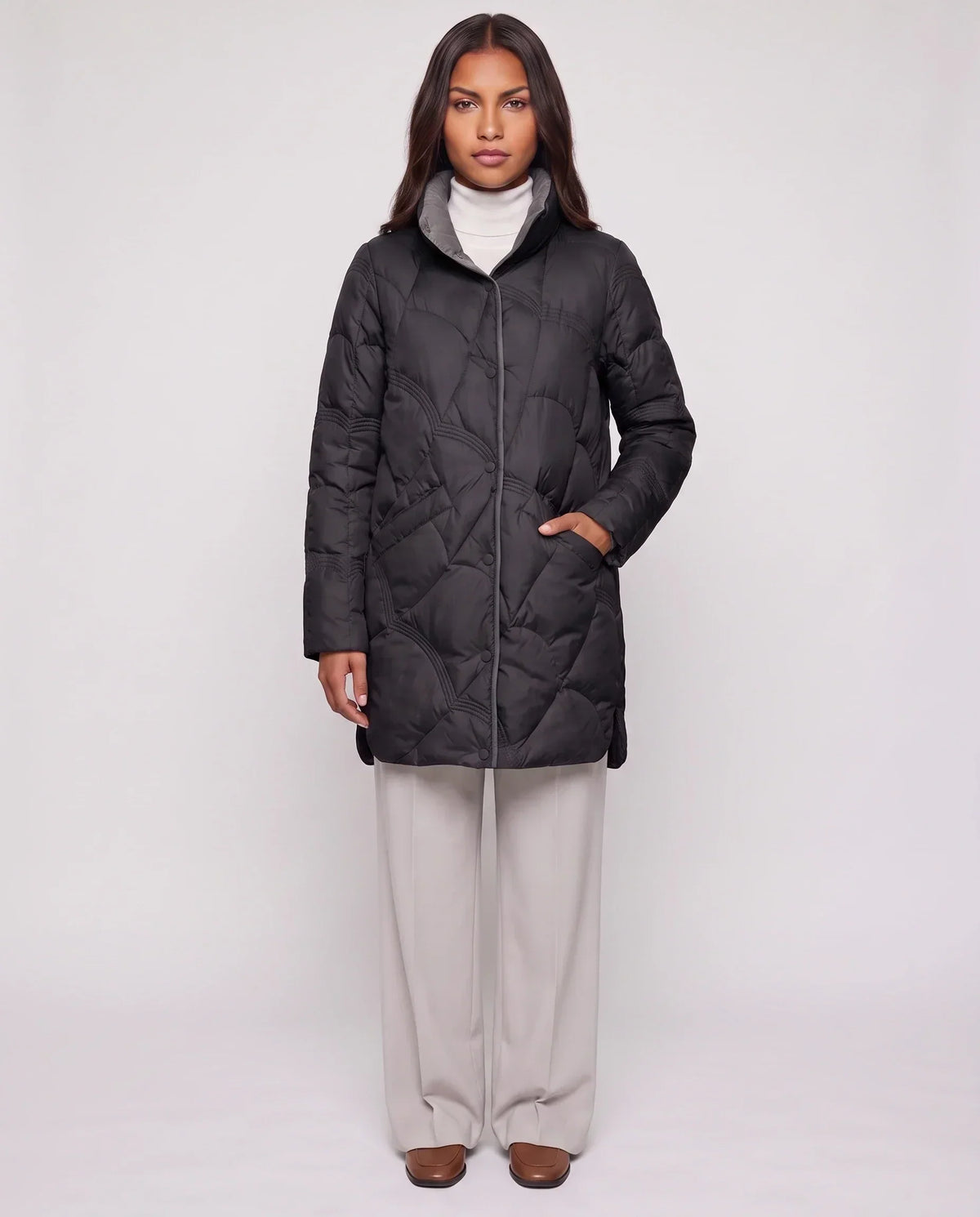 Lightweight Mid-Length Puffer Jacket with Wave Quilting