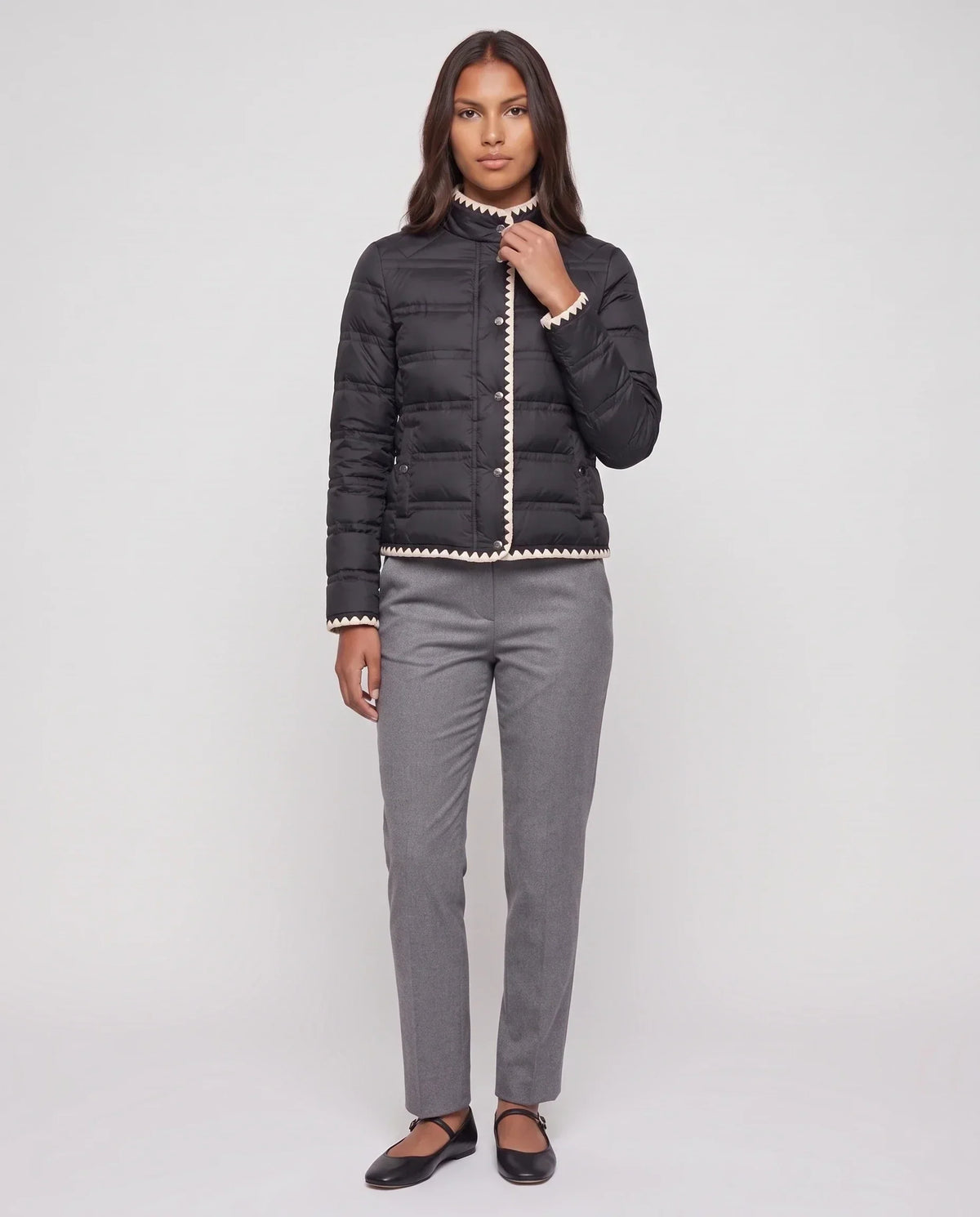 Short Lightweight Puffer Jacket with Knitted Trim