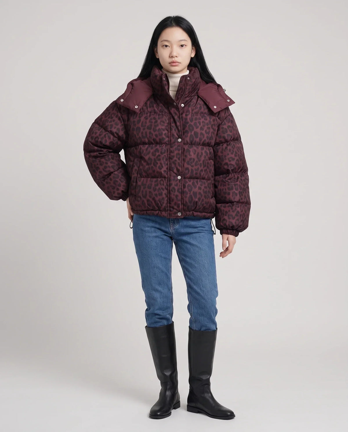 Short Oversized Leopard Puffer Jacket with Detachable Hood