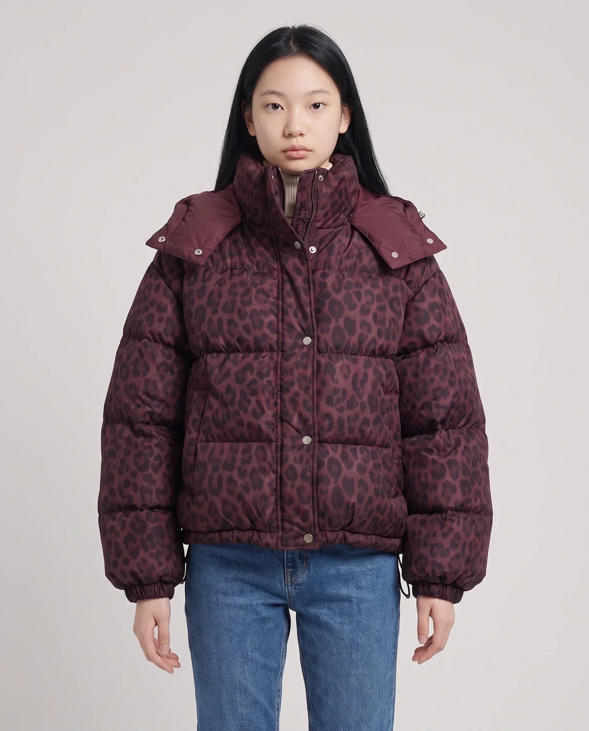 Short Oversized Leopard Puffer Jacket with Detachable Hood