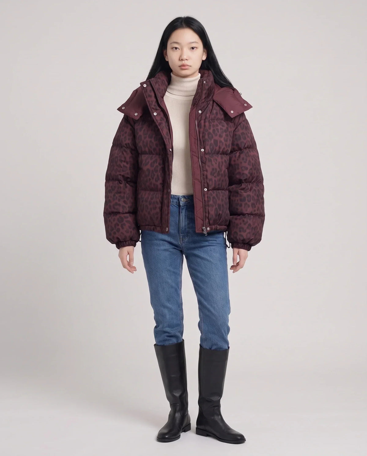 Short Oversized Leopard Puffer Jacket with Detachable Hood