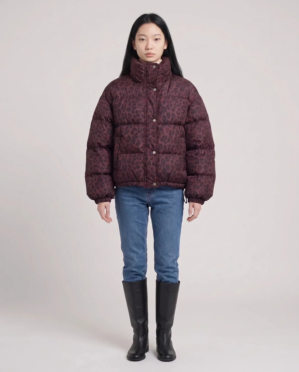 Short Oversized Leopard Puffer Jacket with Detachable Hood