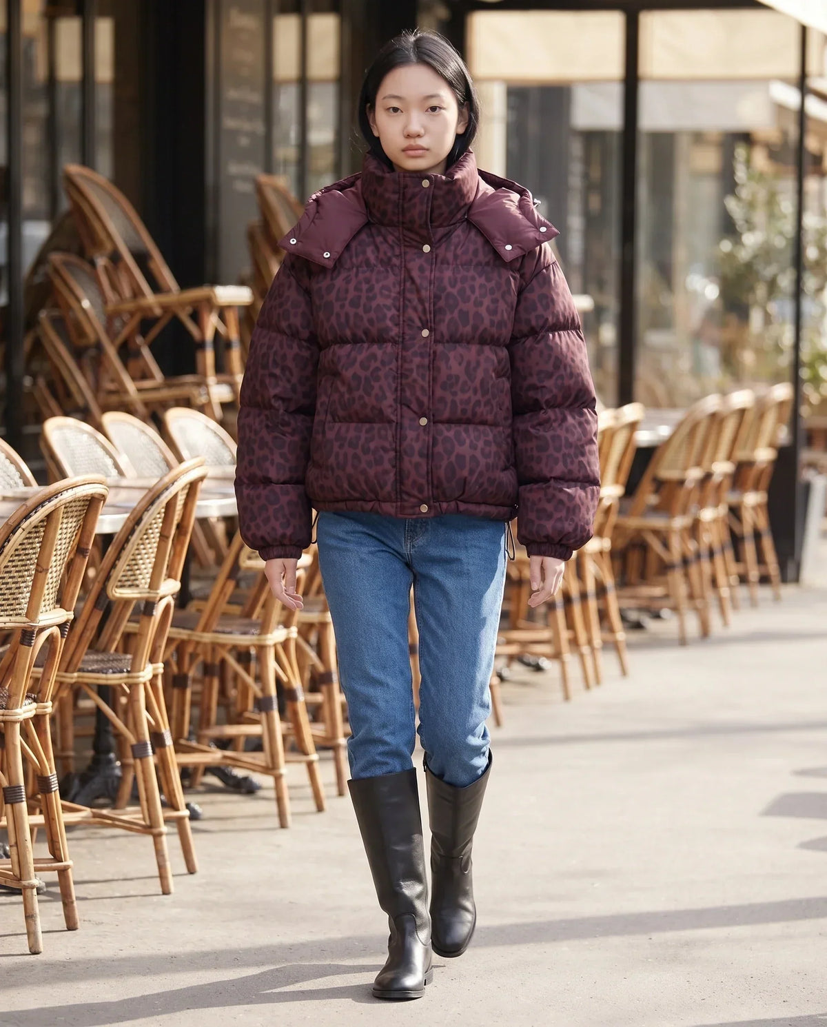 Short Oversized Leopard Puffer Jacket with Detachable Hood