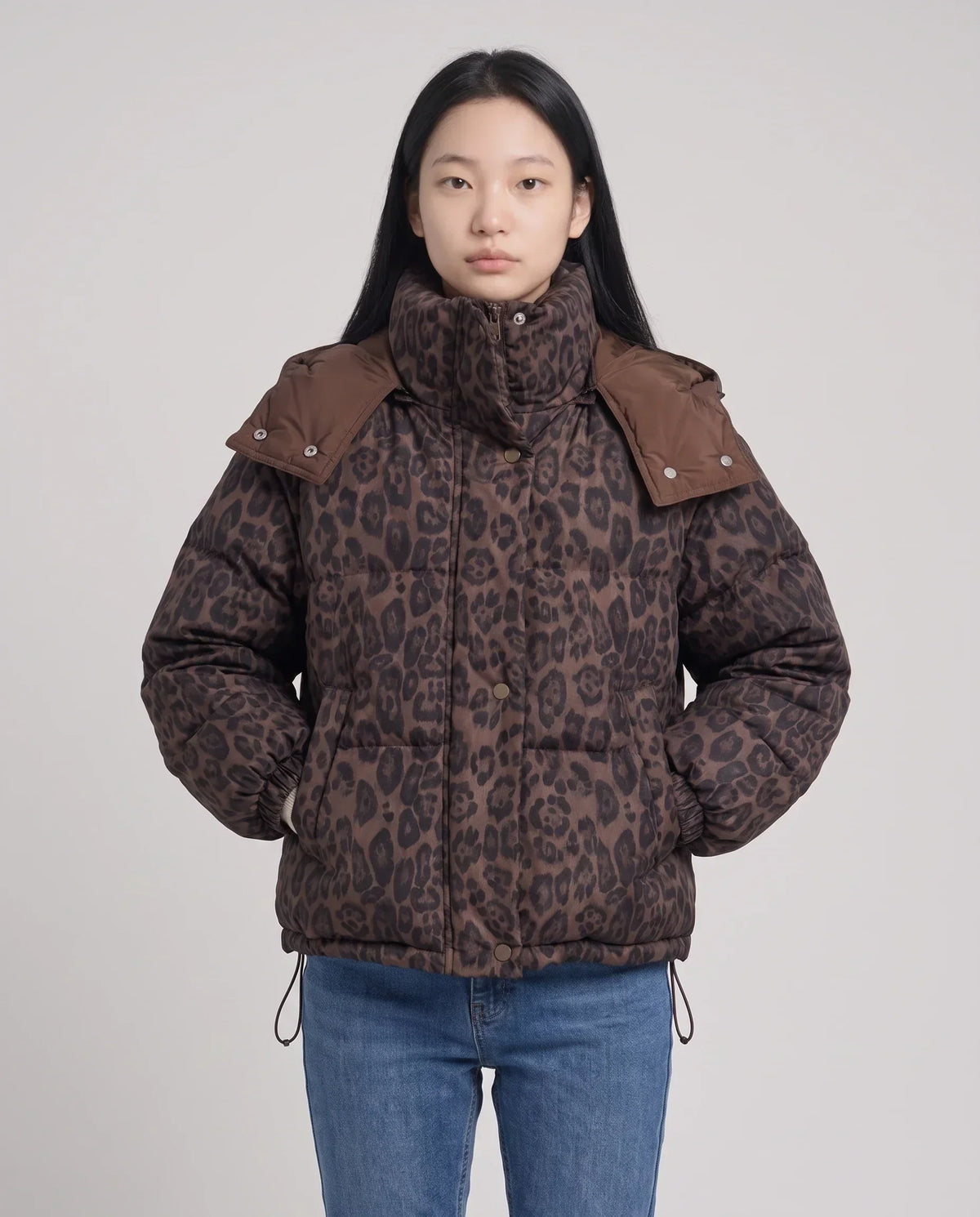 Short Oversized Leopard Puffer Jacket with Detachable Hood