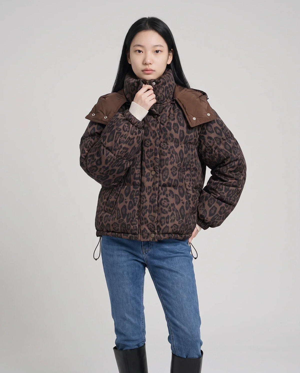 Short Oversized Leopard Puffer Jacket with Detachable Hood