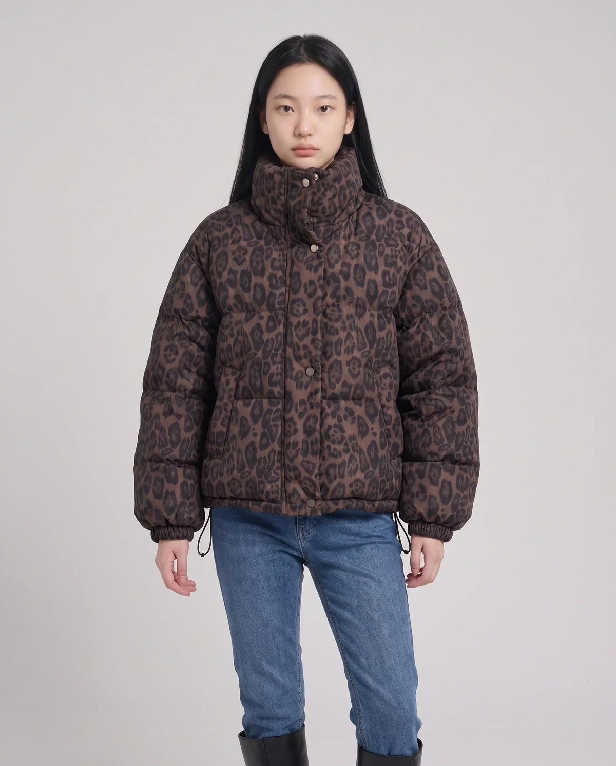 Short Oversized Leopard Puffer Jacket with Detachable Hood