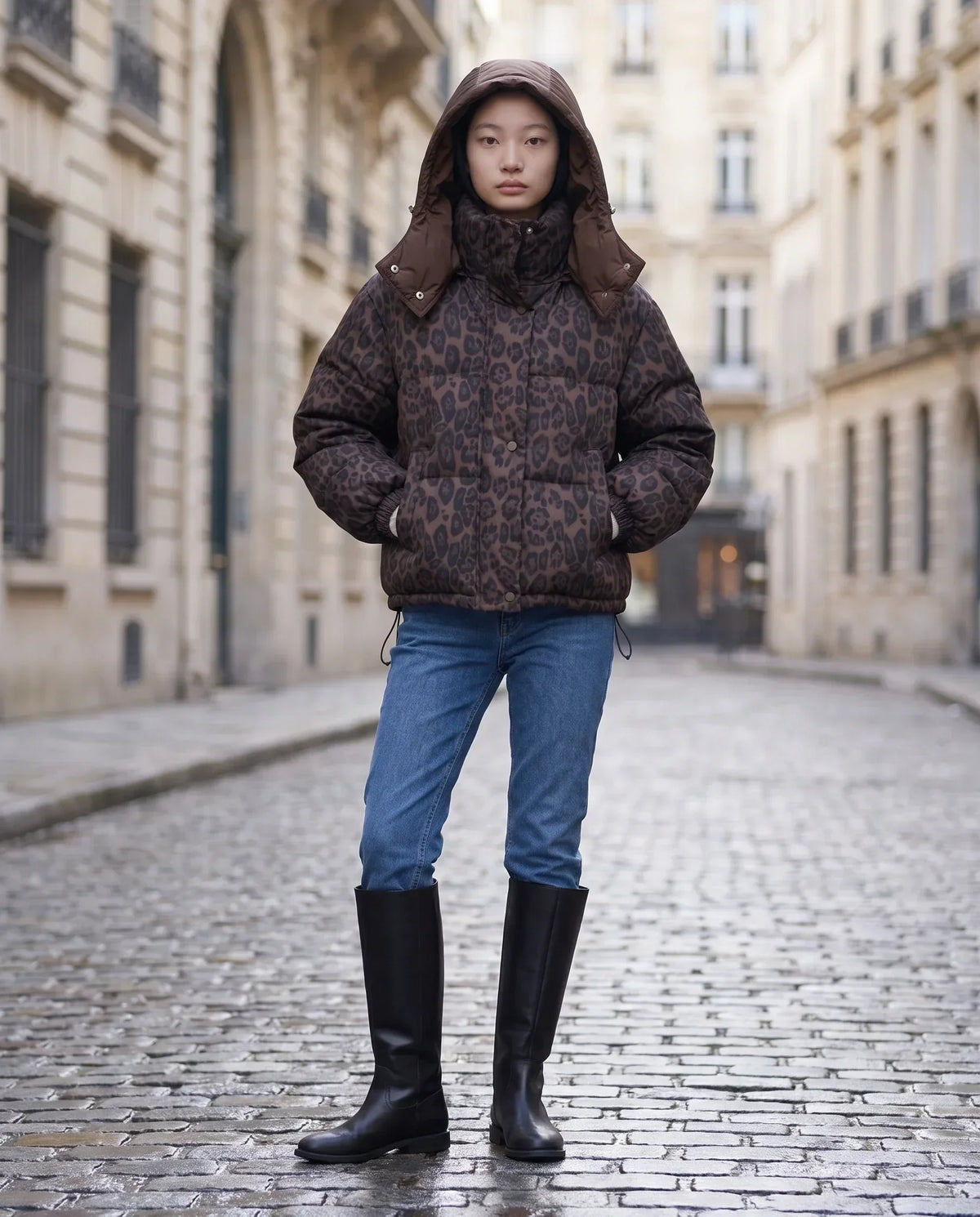 Short Oversized Leopard Puffer Jacket with Detachable Hood