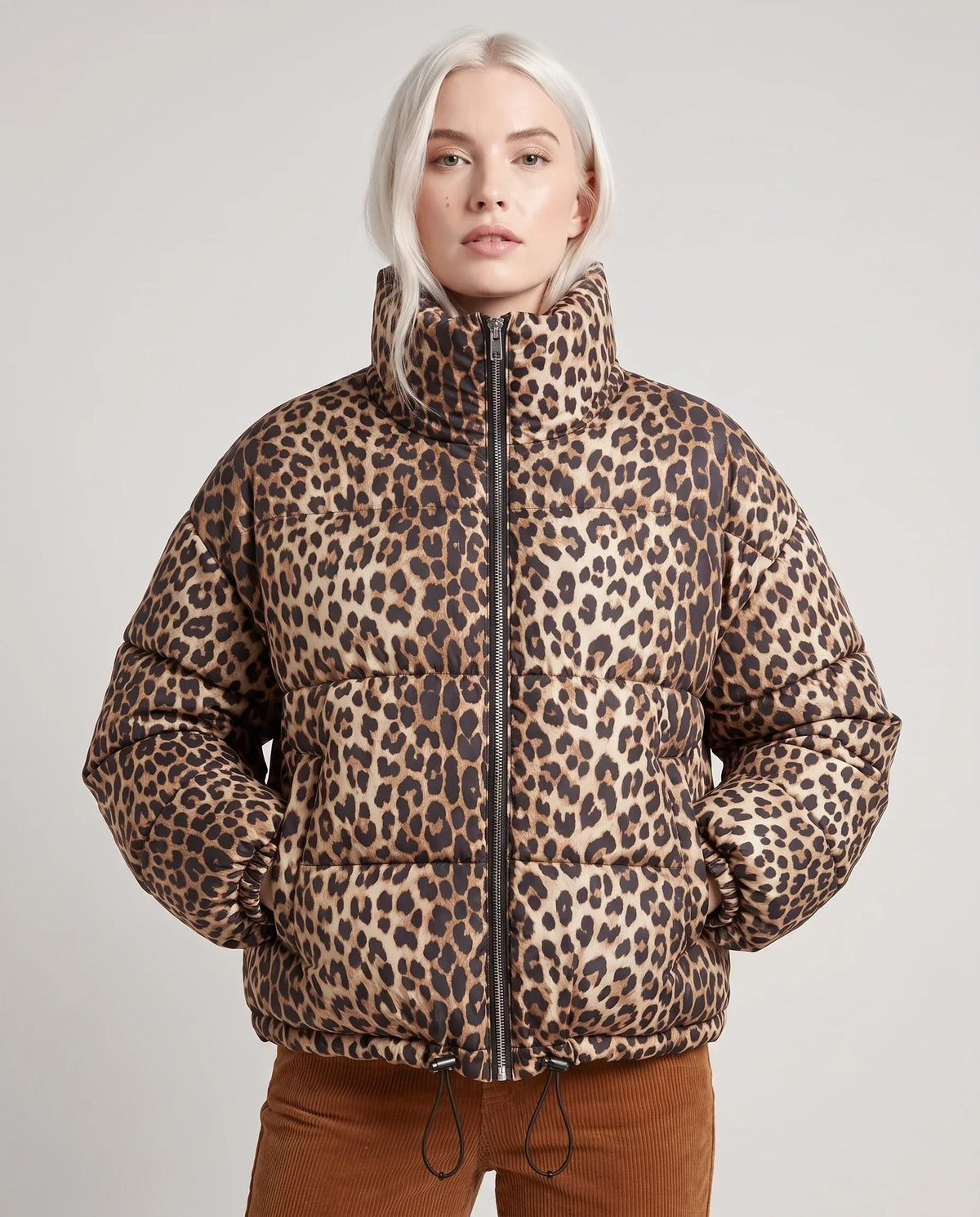 Short Leopard Print Puffer Jacket with Funnel Collar