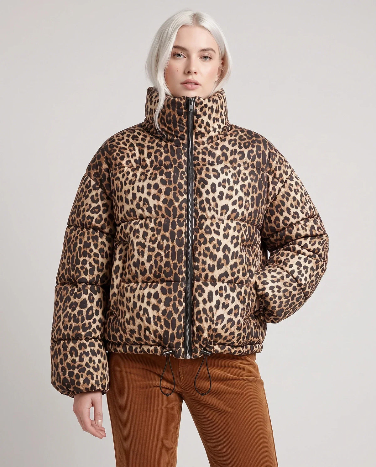 Short Leopard Print Puffer Jacket with Funnel Collar