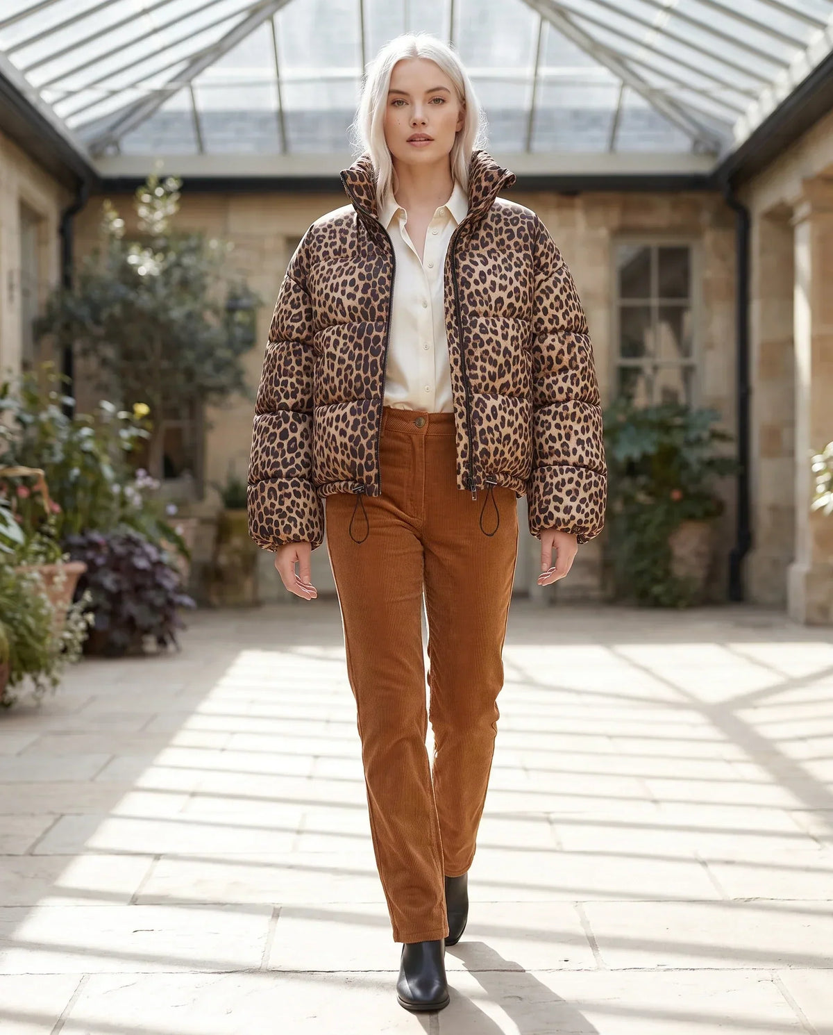 Short Leopard Print Puffer Jacket with Funnel Collar