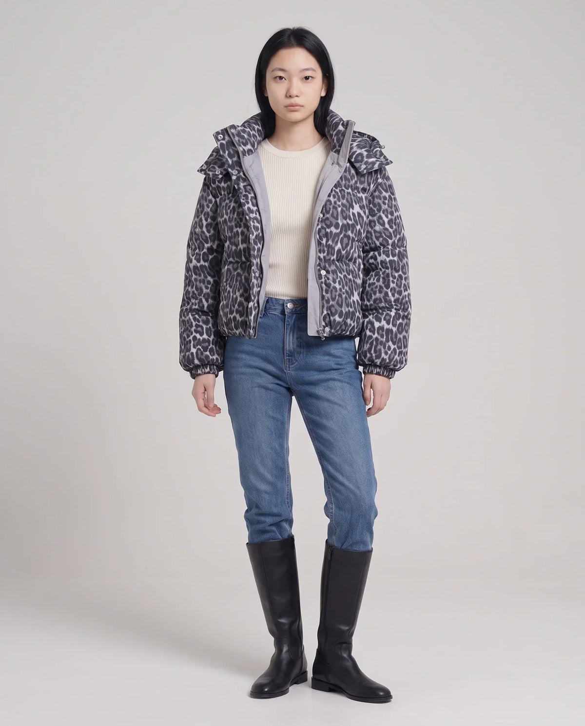 Short Oversized Leopard Puffer Jacket with Detachable Hood
